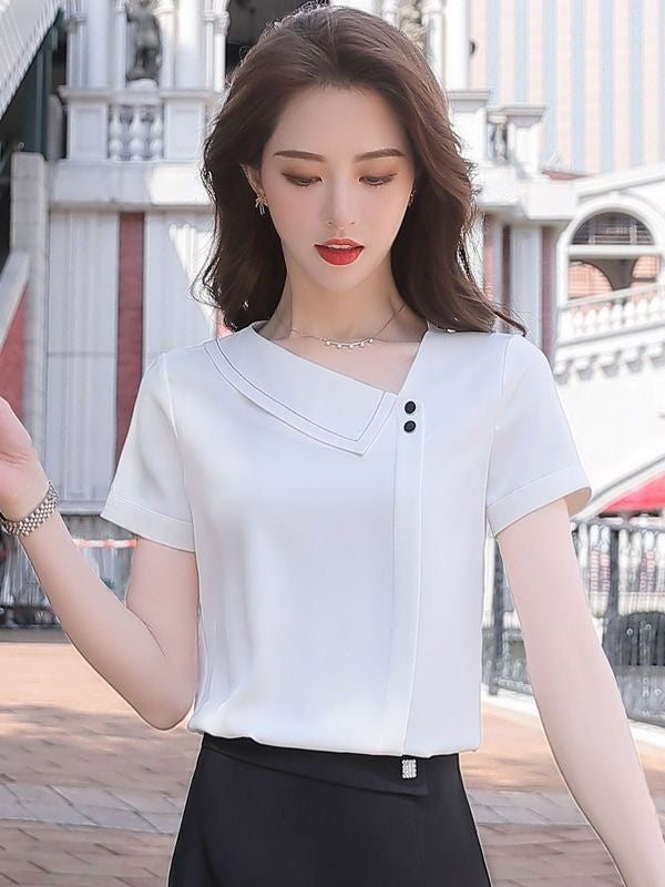 Women Spring Summer Style Chiffon Blouses Shirts Lady Casual Asymmetrical Collar Short Sleeve Chiffon Blusas Tops DF4028