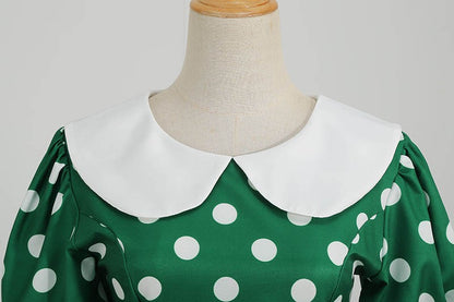 Elegant Women Summer Dress Puff Short Sleeve Polka Dot Peter pan Collar Vintage A-line Midi Long Party Sundress
