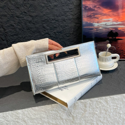 Women Crocodile Pattern PU Leather Clutch Purse Metal Grip Handle Tote Handbag Trendy Evening Bags Chic Black Envelope Party Bag