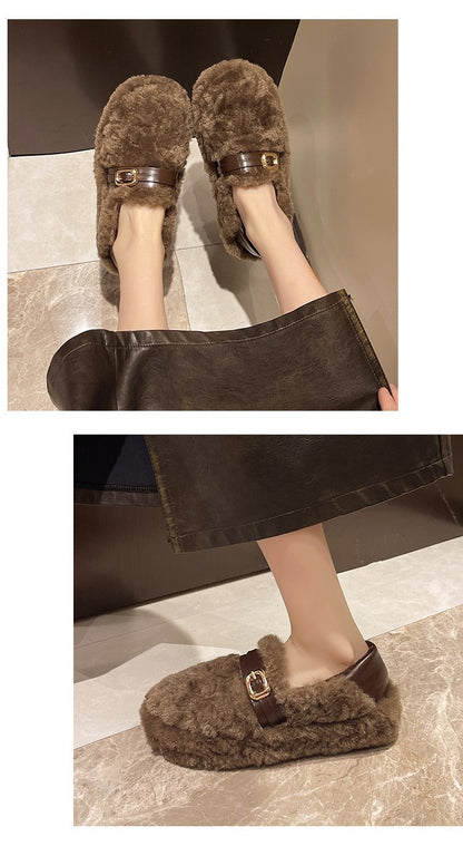 Women Warm Fur Flats Shoes 2025 Autumn Winter Vintage Fashion Shallow Mouth Buckle Ladies Comfort Loafers Shoes Zapatos Mujer