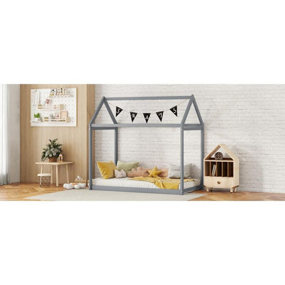 **Title:** Gray Twin Wooden House Bed for Kids - Stylish & Functional Design with Roof, Perfect for Sleeping & Playtime!