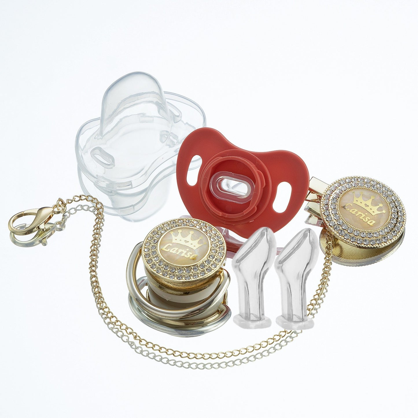 Miyocar Bling Custom Pink Brave Lion Pacifiers Bring 3 Replacement Silicone Teat Include All Size for Boy Girl Baby Shower Gift