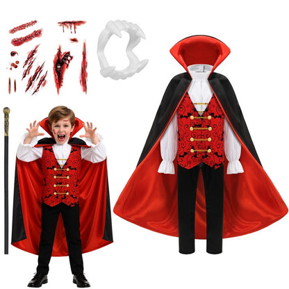 Kids Vampire Cosplay Costume for Boys Men Halloween Carnival Party Costumes with Walking Cane Stickers False Teeth
