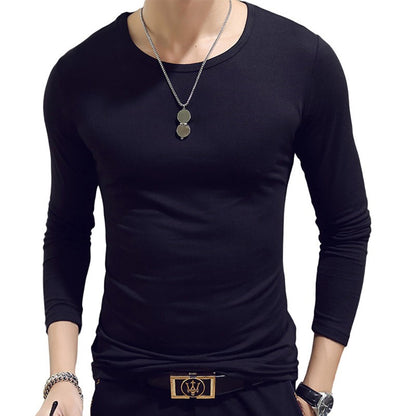 White Solid Color Basic Slim Men T-shirt Spring Autumn Bottoming Shirt Men Round Neck V-neck Casual Tops Long-sleeve Shirts
