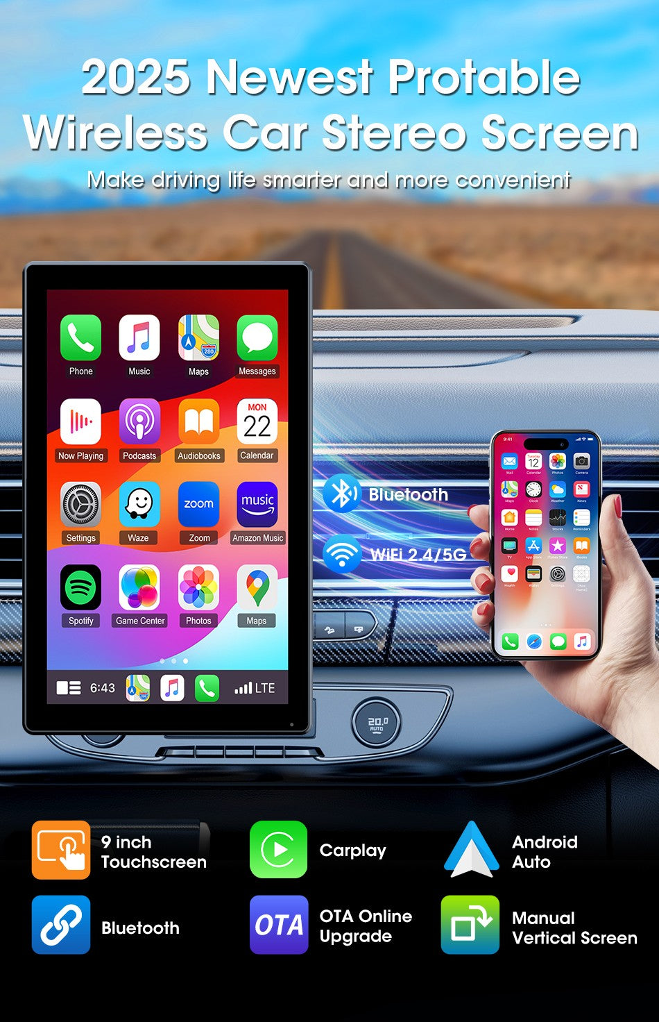 Suporte de 7/8/9'' Orientação e Espelho Retrovisor de Carro com Rádio CarPlay Sem Fio Android Auto Multimídia de Vídeo Tela Universal
