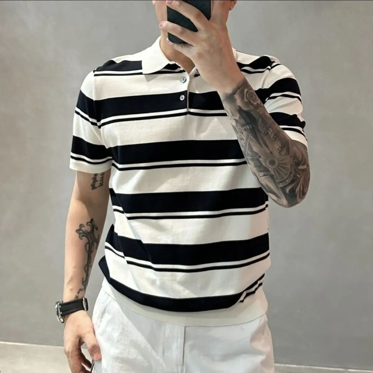 Smart Casual Summer Polo Shirts Men Turn-down Collar Striped Contrast Color Button Simplicity Fashion Loose Short Sleeve Tops