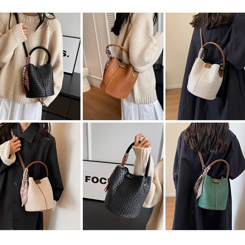 Women's Woven Bucket Bag.Deep Brown/Beige/Green/Black.Detachable Strap,Durable & Easy Clean.For Travel & Formal Events.Shop Now!