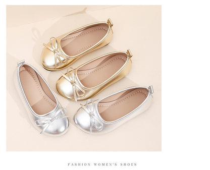 Elegant Girls Shoes Metal Colored Princess Casual Flats Soft Mary Jane Shoe Children Gold Silver Classic Ballet Flats Shoe 26-37