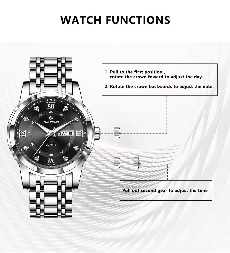 LIGE Brand BANGWEI Quartz Man Watch Fashion Stainless Steel Band Business Luxury Diamond Waterproof Calendar Watches for Men+Box