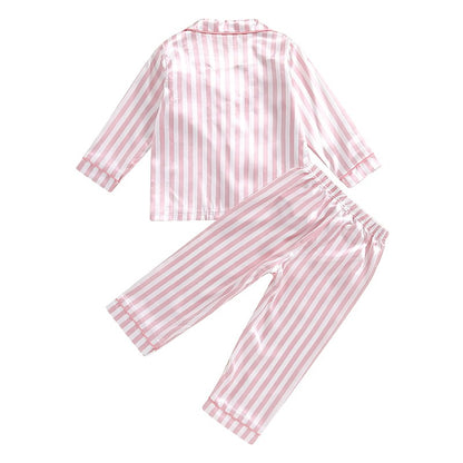 Kid Girls Boys Fall Pajamas Set Stripe Print Long Sleeve Shirts Tops Long Pants Satin 2 Pieces Lounge Suit Sleepwear