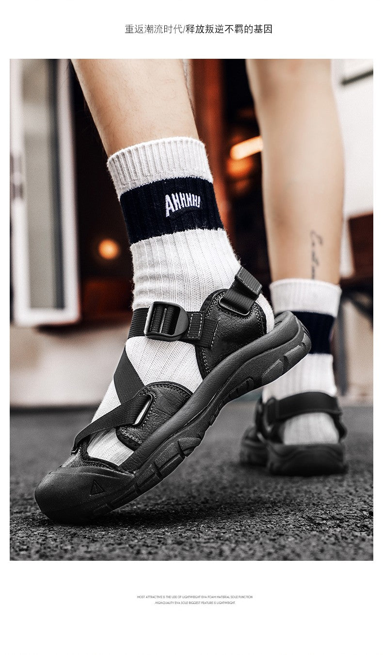 Sandals for Men's Summer New Cowhide Casual Beach Shoes, Genuine Leather for Men's Anti Slip Middle-aged Sandals and Slippers