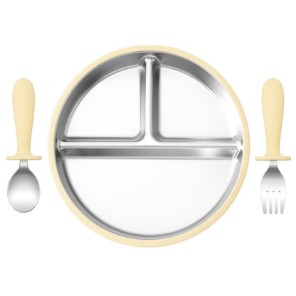 3PCS Silicone Stainless Steel Feeding Kit Toddler Sucker Feeding Dishes Plate Infant Self Feeding Training BPA Free Fork Spoon