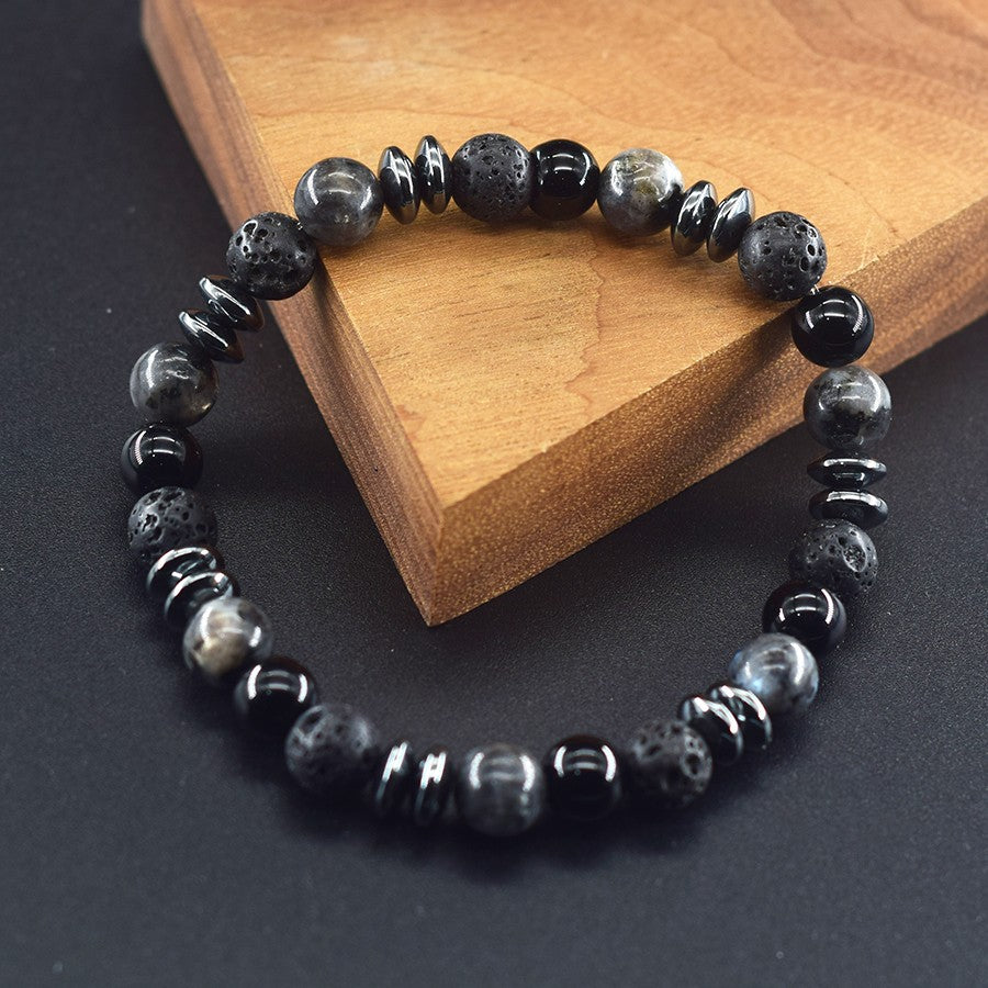 Pulseira Clássica Preta de Contas de Pedra Vulcânica Labradorita Natural, Joia Masculina e Feminina de Proteção Espiritual e Equilíbrio Energético
