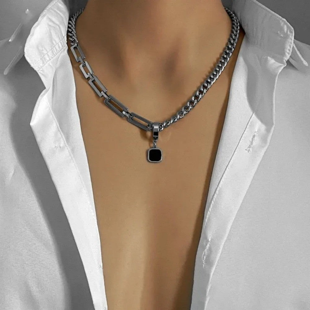 Colar Masculino da Moda, Pingente Quadrado Preto, Aço Inoxidável, Corrente Cubana Assimétrica para Homens Joias