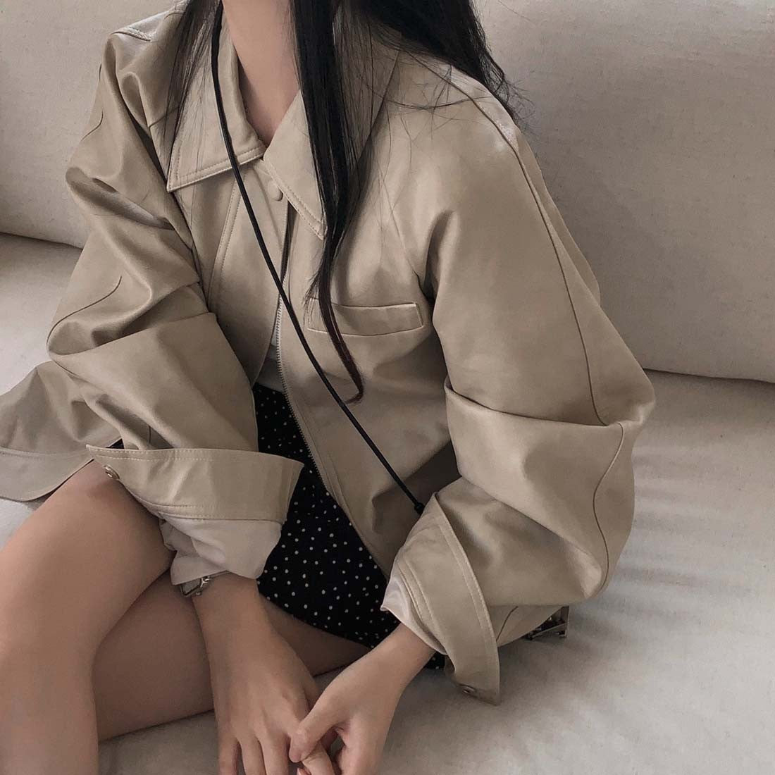 Sli Loose PU Leather Jaet Women's Chic Retro Collar Versatile BF Sle Motorcycle Clothes Trendy Long Sve Zipper