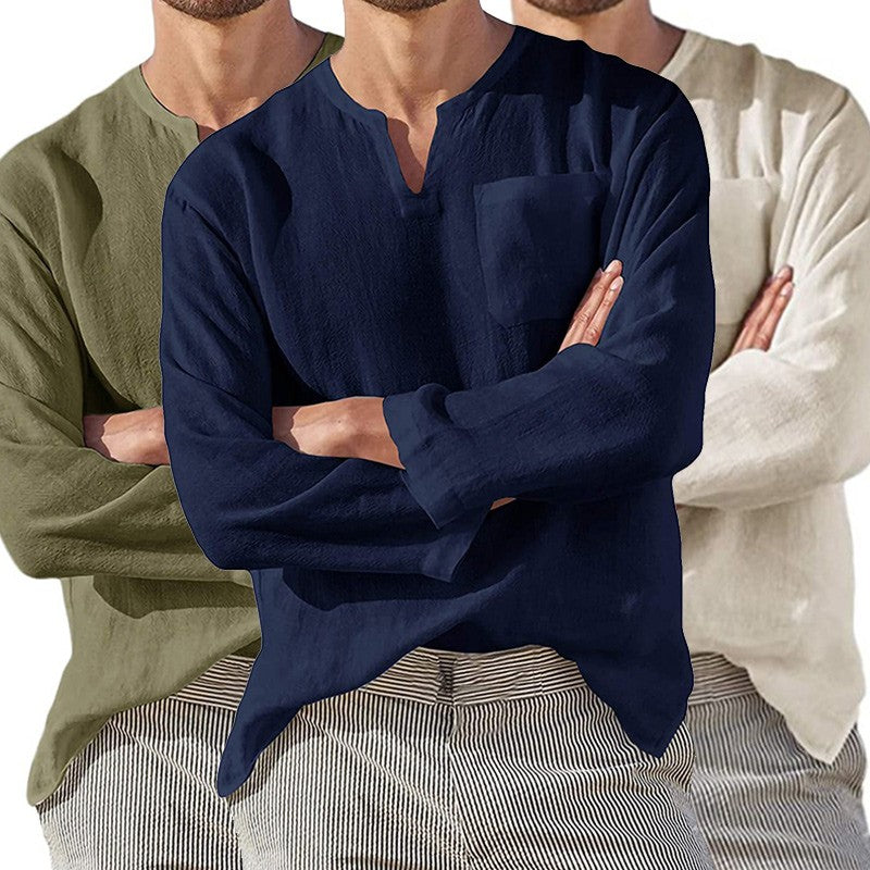 Men Cotton Linen Shirts Long Sleeve Social Shirt Blouses Stand-Up Collar Casual Beach Shirt Business Formal Shirt Male Clothing