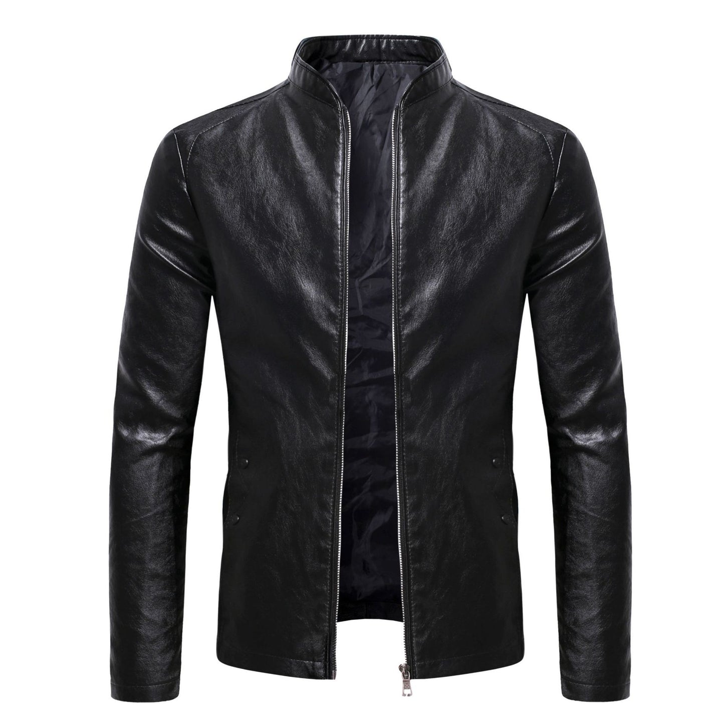2024 Spring New Men's Business Casual Slim Long-sleeved Pu Leather Jacket Jacket Side Seam Pocket Zipper Solid Color