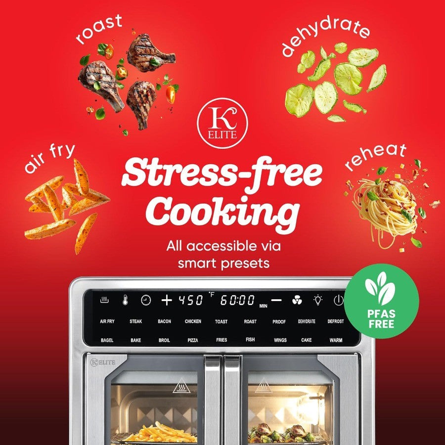 Forno Fritadeira Elétrica sem Óleo French Door de 15 Litros, Tamanho Família, Convecção de Bancada com Display LED, Aço Inoxidável para Grandes Quantidades C