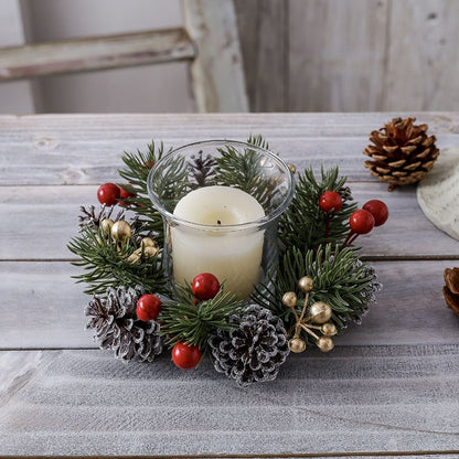 1/2pcs Christmas Candle Holders with Artificial Pine Branches & Berries New Year Tabletop Home Decorations Candle Wreath Gifts
