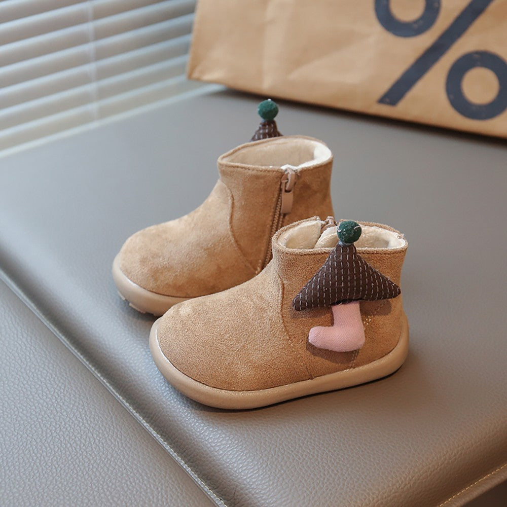 Christmas Children's Snow Boots PU Leather Vintage Girl's Plush Boots Anti-slippery Kid's Warm Padded Boots Cotton Shoes