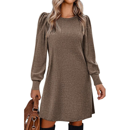 Y2K autumn and winter women's crew neck solid color sweater bubble sleeve fashion commuter dress comfortable casual loose dress