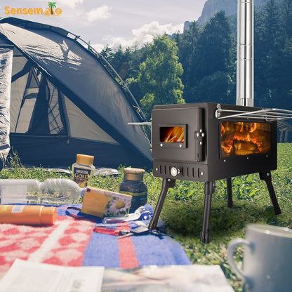 Fogão a Lenha Dobrável para Acampamento, Aquecedor de Tenda Portátil com Chaminé Destacável de 5 Seções, Queimador de Lenha para Pesca no Gelo, Para Cozinhar e Churrasco ao Ar Livre