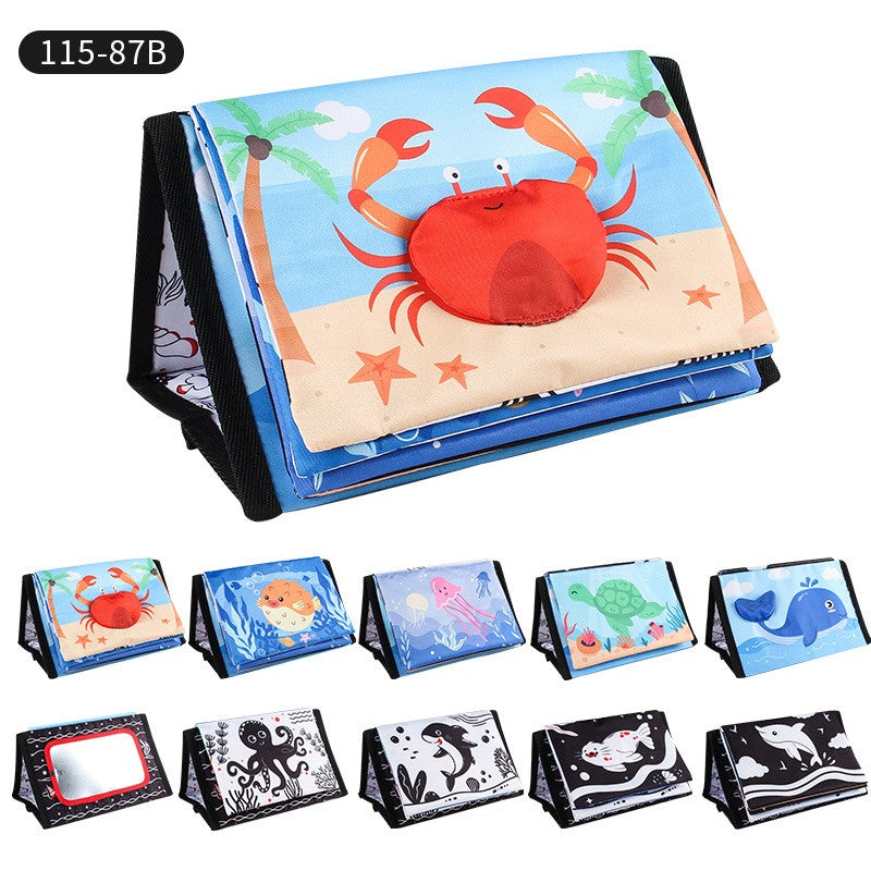 Livro de Pano Engraçado em Preto e Branco para Bebês Brinquedo Educacional Montessori para Crianças Recém-nascidos Brinquedos com Espelho para Tummy Time
