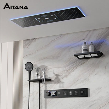 AITANA Sistema de Chuveiro Termostático de Luxo com Display LED em Latão Escurecido, Banheiro, Teto Embutido, Cortina Gigante de Chuva