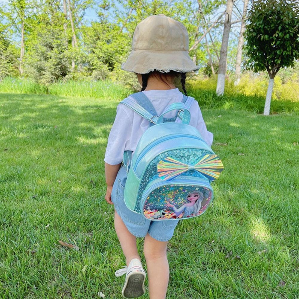 Mochila Mini de Glitter Princesa Elsa de Frozen da Disney, Linda com Laço de Lantejoulas, Bolsa Escolar de Jardim de Infância para Meninas, Desenho Animado Infantil, Mochila de Ombro Duplo