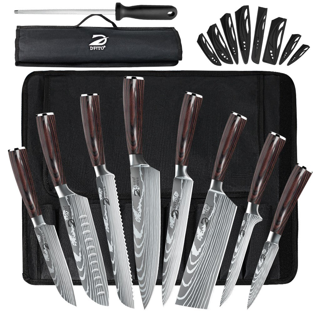 MDHAND Conjunto de Facas de Chef com Padrão de Damasco a Laser de 1 a 10 peças, Fatiador de Carne em Aço Inoxidável, Cutelo com Cabo de Madeira Antiderrapante, Coleção