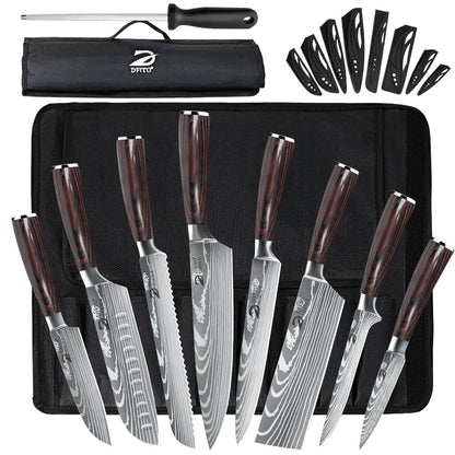 MDHAND Conjunto de Facas de Chef com Padrão de Damasco a Laser de 1 a 10 peças, Fatiador de Carne em Aço Inoxidável, Cutelo com Cabo de Madeira Antiderrapante, Coleção