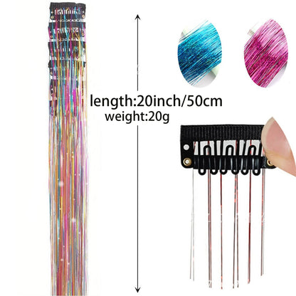 Apliques de cabelo coloridos de seda brilhante sem costura, grampo com glitter dourado de seda, faixas de cor de fio de laser deslumbrante, perucas sintéticas