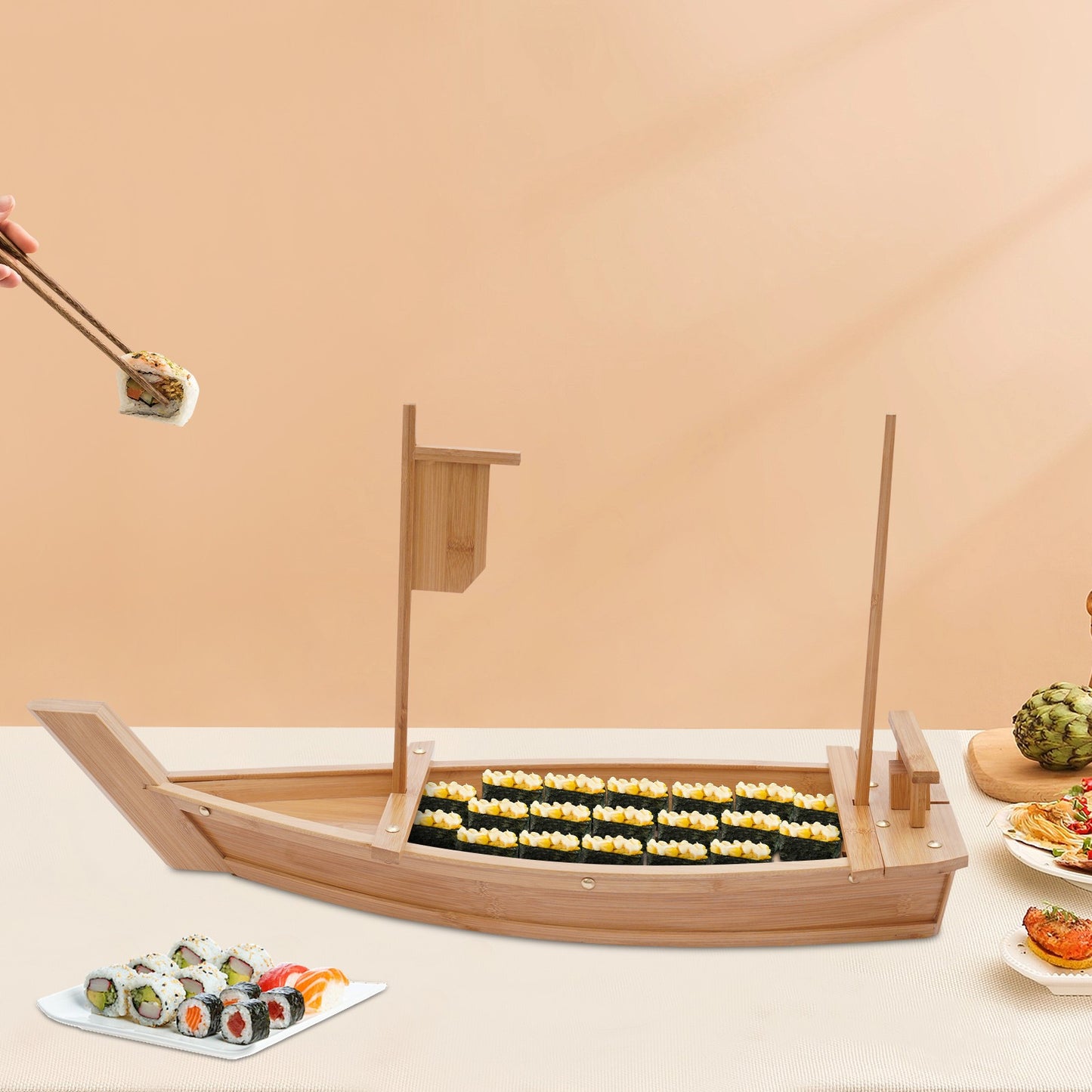 Bandeja de Serviço para Barco de Sushi de Bambu, Prato de Sushi de 28 polegadas, Tábua de Apresentação de Sushi de Bambu de Alta Qualidade para Banquetes e Festas
