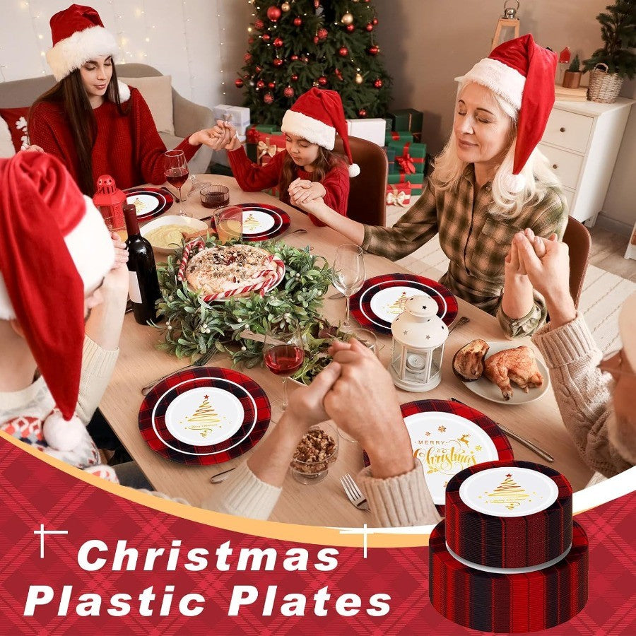 Conjunto de 100 Pratos de Plástico de Natal para Convidados 50 x 7.5 Sobremesa Descartável 50 x 10.25 Pratos de Natal Árvore de Natal Servir Jantar