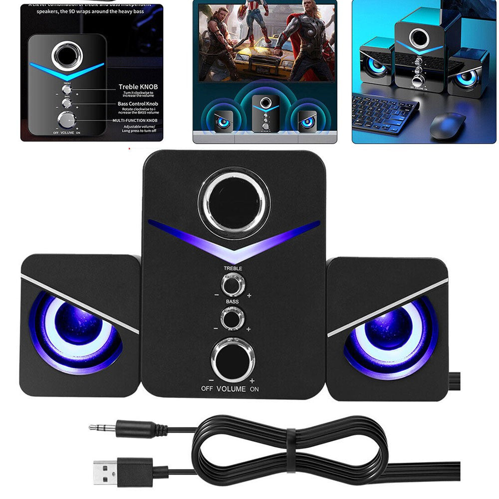 Sistema de Caixas de Som LED USB para Computador Subwoofer Controle de Graves Estéreo para Desktop Laptop PC Alto-falante Portátil