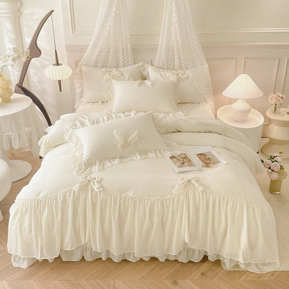 3pcs White Bedding set ruffles Duvet Cover Set (1*Duvet Cover + 2*Pillowcase, Without Core)for bedroom guest room