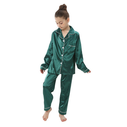 2 to 14 Years Boys Girls Pajamas Sets Kids Silk Satin Top Pant Long/Short Sleeve Solid Pyjamas Suits Nightgown Child Sleepwear