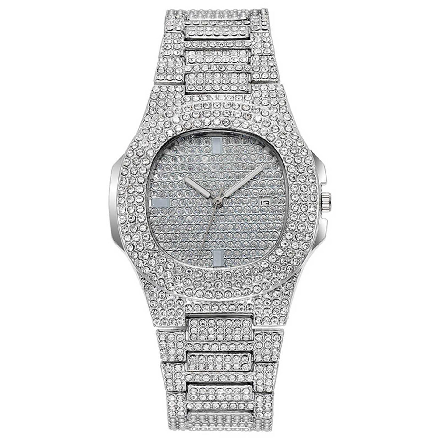 Hiphop Full Diamond Square Quartz Watch for Men Women Luxurious Stainless Steel Strap Rhinestone Studded Dial