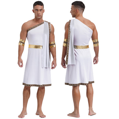 Mens Ancient Greek Toga Roman King Prince Cosplay Costume Halloween One Shoulder Embroidered Robe Dress Theme Party Outfits