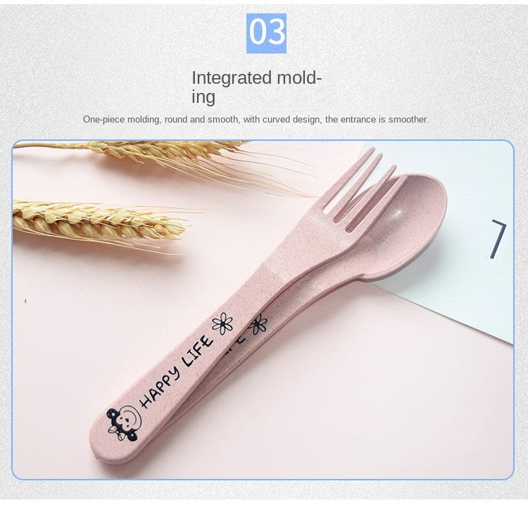 3-Piece Cute Divided Dining Plate for Children's Bowls Solid Color Fork Spoon Sucking Tableware Set with Wheat Material