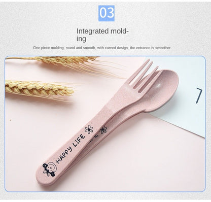 3-Piece Cute Divided Dining Plate for Children's Bowls Solid Color Fork Spoon Sucking Tableware Set with Wheat Material