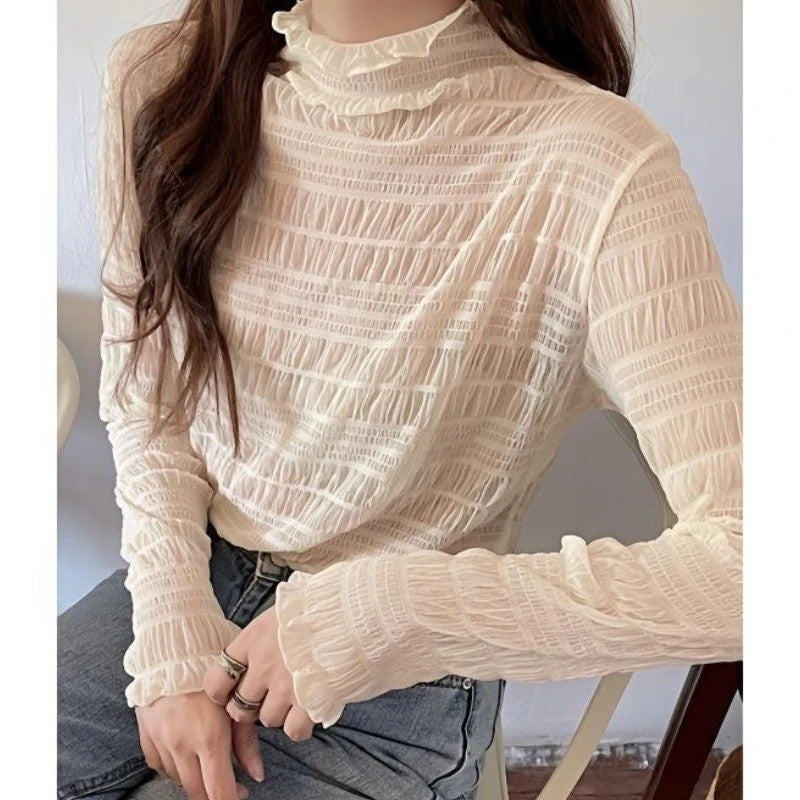 New Women Floral Lace Shirt Spring Autumn Long Sleeve Sexy Mesh Bottoming Shirts Mock Neck Blouse T-Shirt Pullover Top