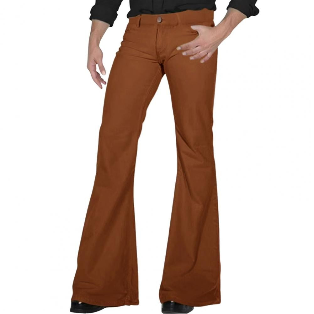 Calças masculinas boca de sino retrô calças masculinas de cor sólida de cintura média calças clássicas casuais dos anos 70 com zíper e boca de sino para homens