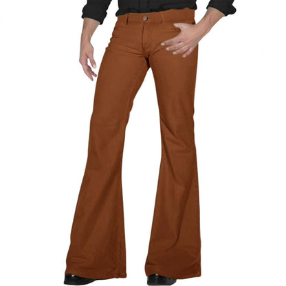 Calças masculinas boca de sino retrô calças masculinas de cor sólida de cintura média calças clássicas casuais dos anos 70 com zíper e boca de sino para homens