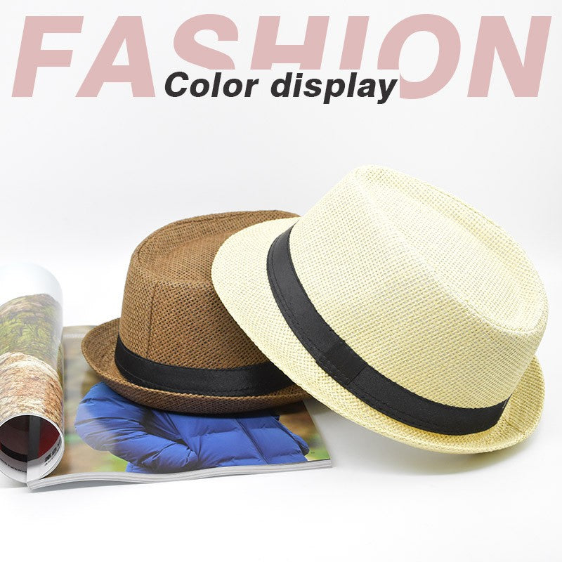 Fashion Unisex Women Men Straw Hat Ribbon Curling Brim Jazz Fedora Hat Panama Gangster Cap Outdoor Beach Parent-Child Sun Hats