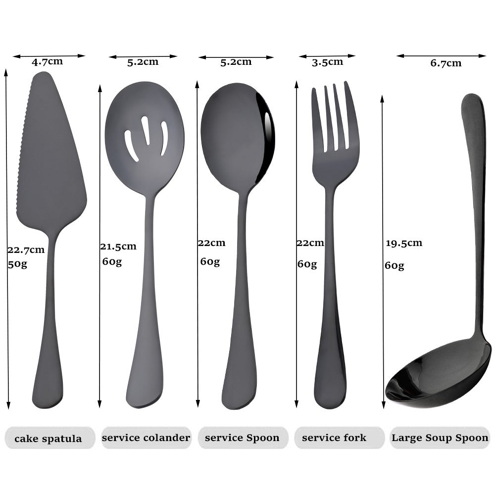 Drmfiy Conjunto de Talheres Pretos de 5/7 Peças para Servir, Utensílios de Jantar, Buffet, Talheres para Catering, Conjunto de Escumadeiras, Colheres, Garfos, Talheres de Prata