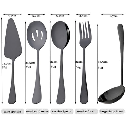 Drmfiy Conjunto de Talheres Pretos de 5/7 Peças para Servir, Utensílios de Jantar, Buffet, Talheres para Catering, Conjunto de Escumadeiras, Colheres, Garfos, Talheres de Prata