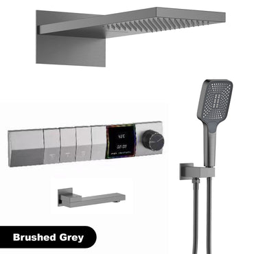Sistema de chuveiro de parede com temperatura constante em latão cinza chumbo, montado na parede, com display digital LED, torneira de banheiro com água quente e fria
