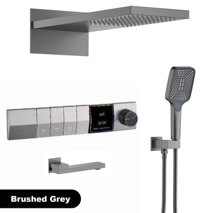 Sistema de chuveiro de parede com temperatura constante em latão cinza chumbo, montado na parede, com display digital LED, torneira de banheiro com água quente e fria