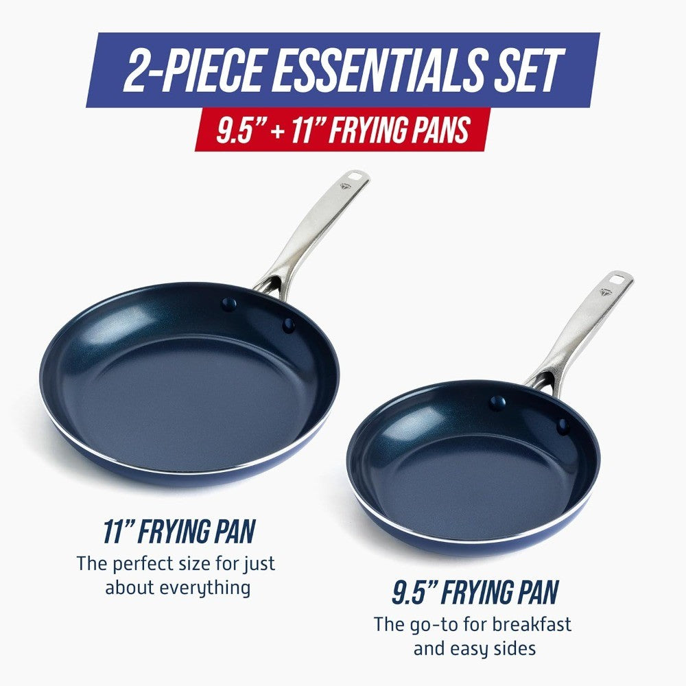 Blue Diamond Nonstick Frying Pan and Skillet Set, 9.5 & 11 Diameter, Diamond Enhanced Ceramic Cookware, PFAS and PTFE-Free, Dish